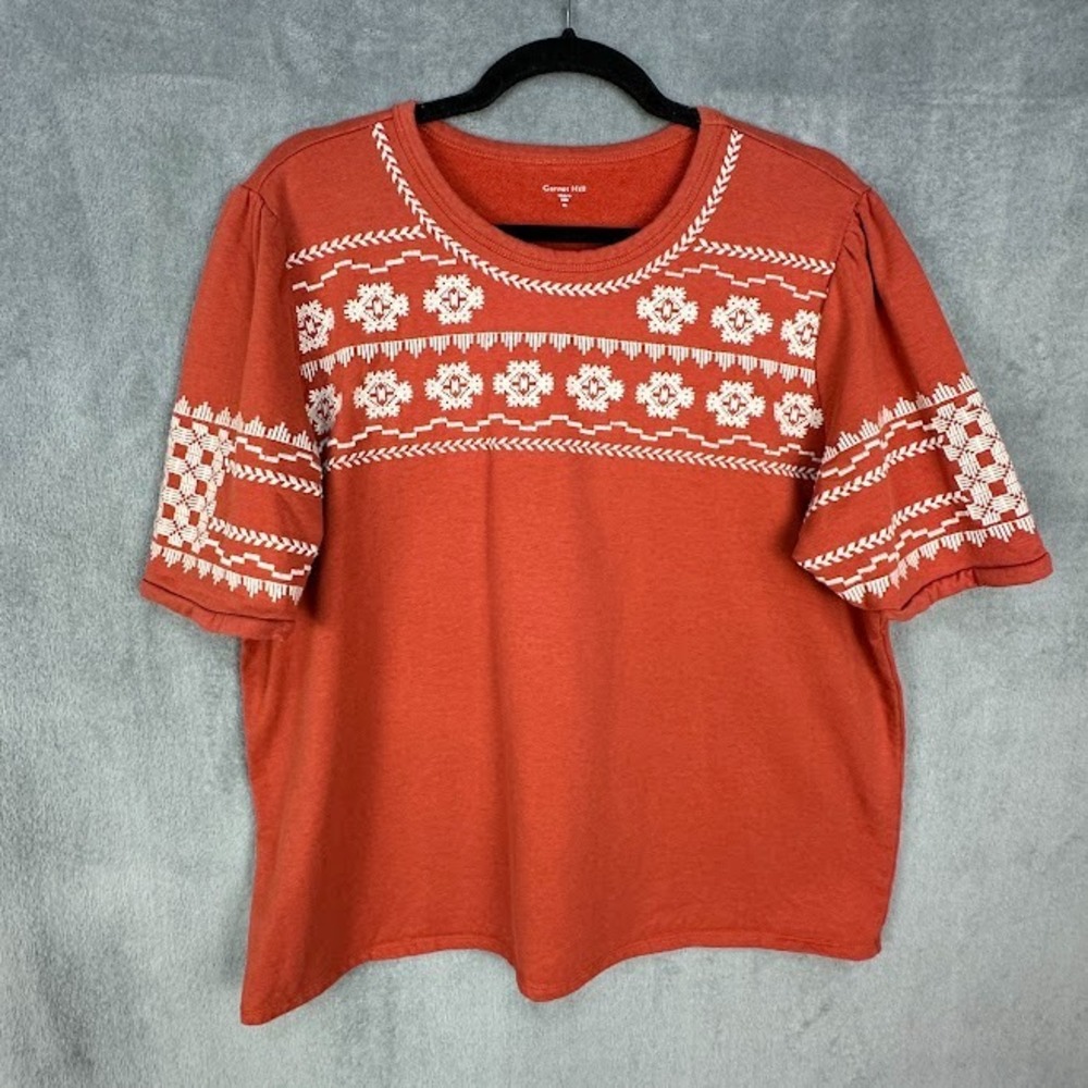 Garnet Hill Top Womens Extra Large Rust Orange Embroidered Short Sleeve Boho